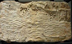 Antica lapide di marmo che illustra il sistema di riduzione delle acque del lago del Fucino ad opera dei romani