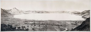 Vista sul lago del Fucino in una raffigurazione storica